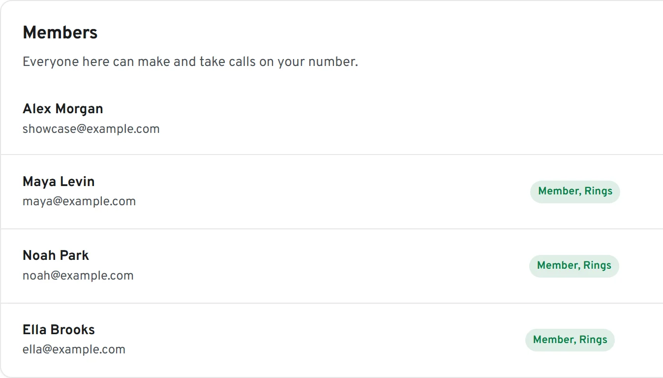 The Team page: four people, each marked as ringing for the business number.