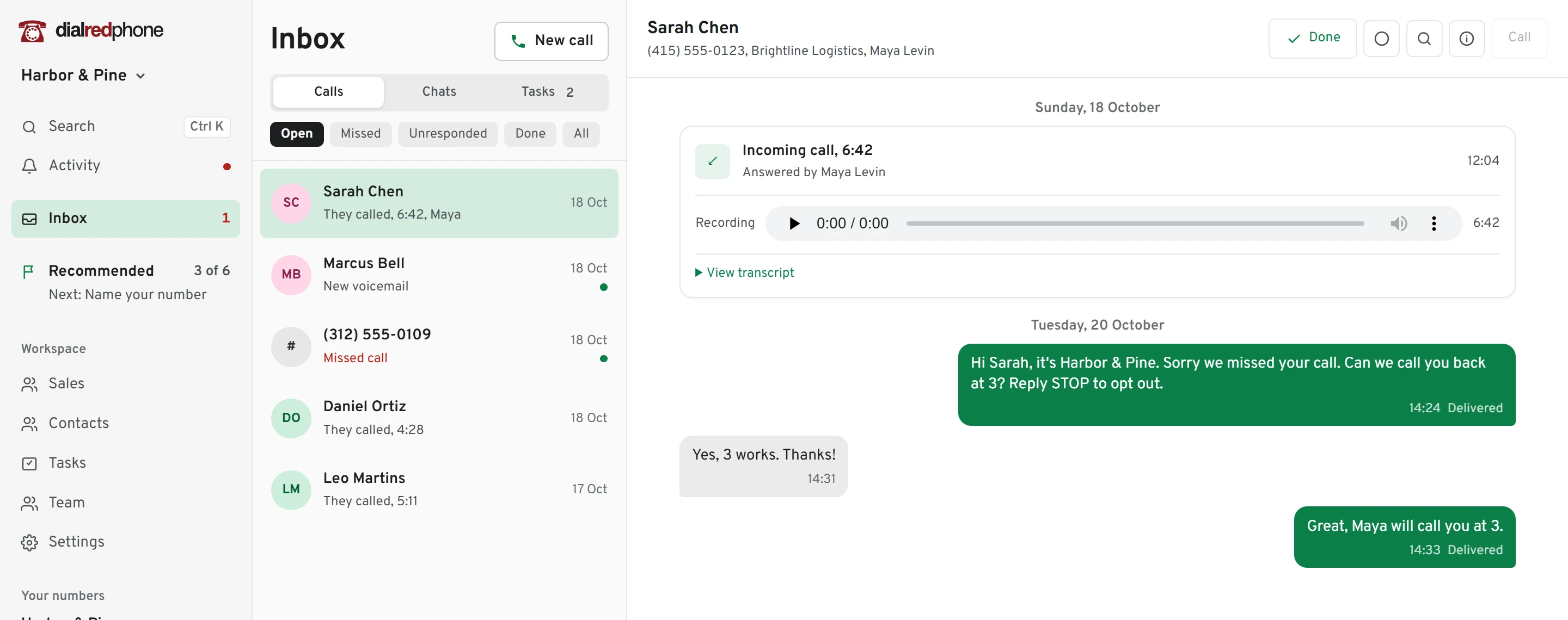 The dialredphone app in a browser: the shared inbox, and a recorded call with its transcript.